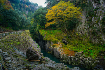 Takachiho Gorge, a narrow chasm cut through the cliff of volcanic basalt columns by the Gokase River, with Minainotaki waterfall cascading down to the river below, Miyazaki, Kyushu, Japan