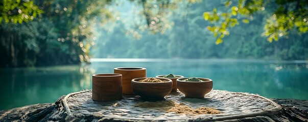A photo package kratom products placed in a natural setting, with kratom powder and trees in the background.