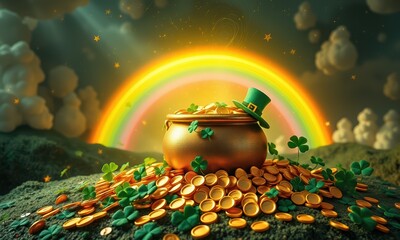 Lucky Charms: A shimmering pot of gold overflowing with golden coins and shamrocks sits under a vibrant rainbow, surrounded by a cascade of coins and clover, creating a magical scene for St.