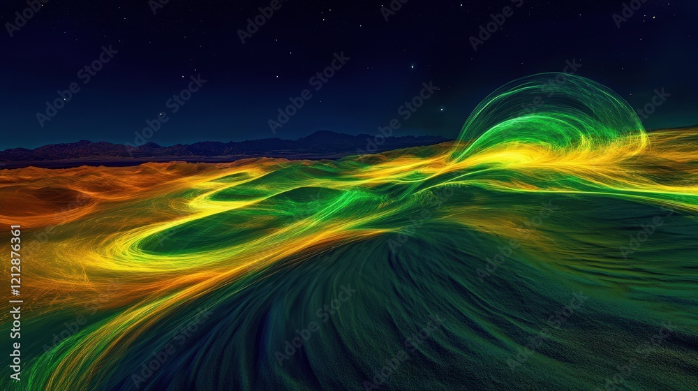 Canvas Prints Abstract Night Landscape with Energetic Green Yellow Waves