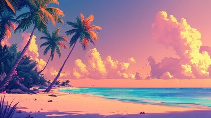 Obraz premium Tropical beach at sunset with vibrant colors reflecting on calm ocean waters, framed by silhouetted palm trees, symbolizing tranquility. Perfect for travel and paradise themes.