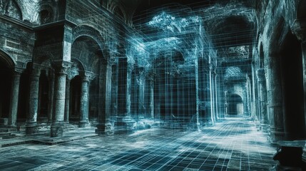 Ancient Ruins Digital Reconstruction Wireframe Overlay