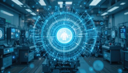 Digital Human Hologram in Laboratory with Medical Equipment Interface and Scanners
