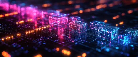 Obraz premium Abstract Neon Cubes Illuminate Futuristic Circuitry: Exploring Digital Networks and Data Flow with Vibrant Glowing Colors, Showcasing Nodes and Connections in a Cyberspace Visualization.