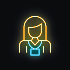 Neon icon of a businesswoman wearing a badge, glowing on a black background