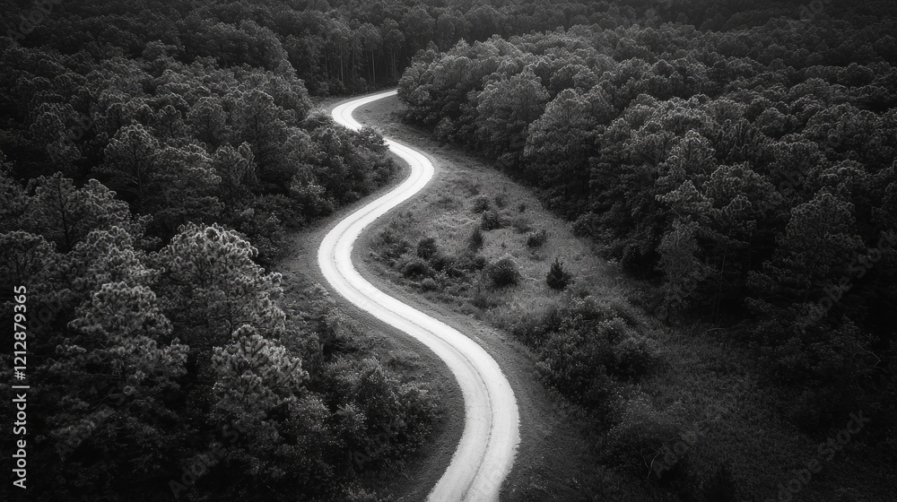 Poster a winding path meanders through a tranquil forest, surrounded by tall trees. early morning light fil