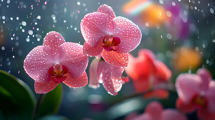 An orchid garden after rain, with water droplets glistening on every petal and a faint rainbow in the background, during a serene moment