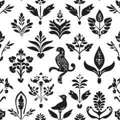 Birds with leaves seamless pattern
