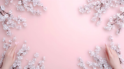 Fototapeta premium Pink background, cherry blossom frame, hands, spring
