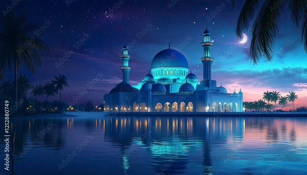 Wall mural A beautiful mosque with a glowing blue dome and light on the water, against a background of a night sky with stars and the moon's reflection in the calm sea