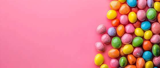 Obraz premium Colorful candies pink background banner