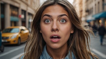 Surprised Young Woman in Busy Urban Street. Shocked Expression, City Life, Natural Light, Yellow...