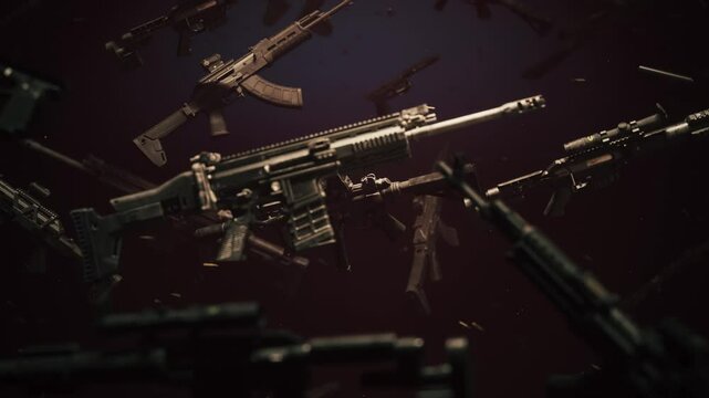 Falling Rifles, concept of ending the war. Military machine guns fall down. Weapons falling to the ground