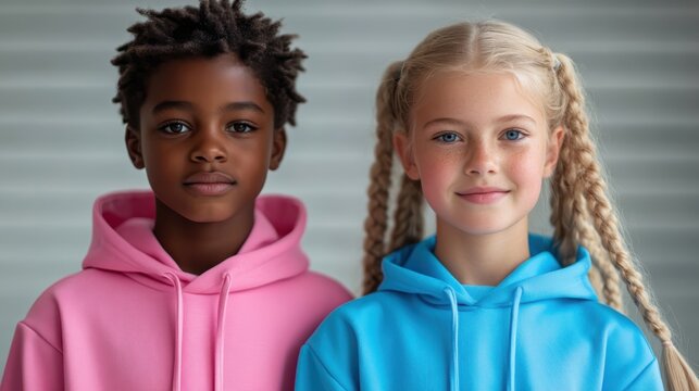 Boy and girl with pigtail in sportswear. Generation AI.