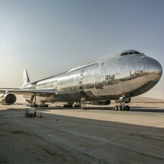Metallic Airplane on Desert Runway Metallic Surface Aircraft Transportation Aviation Vehicle