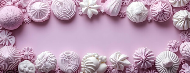 Fototapeta premium Pink pastel meringue border, pink background, food photography, recipe