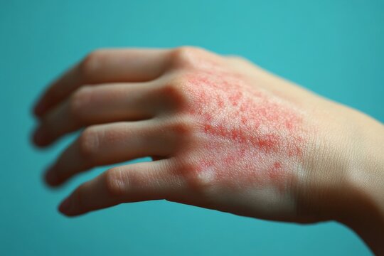 Close-up of Hand with Severe Red, Itchy Rash and Skin Irritation  Possible Allergic Reaction or Dermatitis