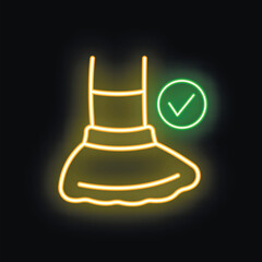 Glowing neon icon of a clean apron with a green check mark, signifying cleanliness and hygiene