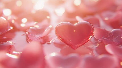 Obraz premium Romantic Valentine's Day Background with Cascading Petals and Glossy Hearts, Soft Pink Glow, Digital Art, Close-Up View