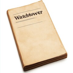 Open Vintage Watchtower Booklet With Paper Pages And Brown Cover Close Up On White Backdrop