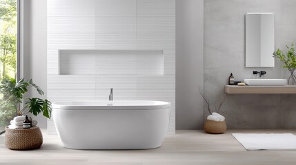 Fototapeta premium Modern freestanding white bathtub in a bright, minimalist bathroom with natural light and green plants.