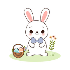 Fototapeta premium Cute Easter bunny with Easter eggs. A rabbit drawn by hand. Vector illustration.