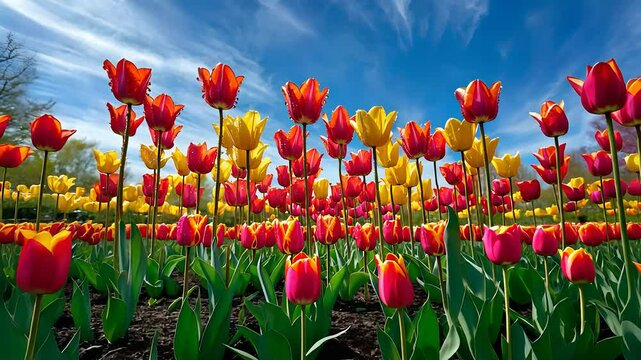 Colorful Field of Red and Yellow Tulips Under a Vibrant Blue Sky on a Bright Sunny Day

