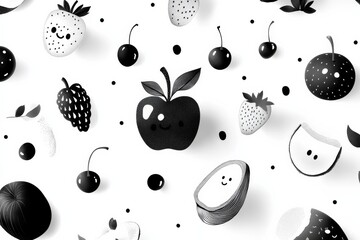 Whimsical Black-White Fruit Vector Collection