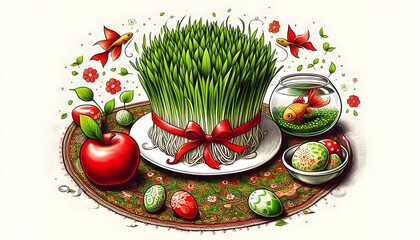 wheatgrass sabzeh sprouts red ribbon, apple, fishbowl goldfish, painted eggs, in nowruz haft sin, isolated on a white background Persian new year