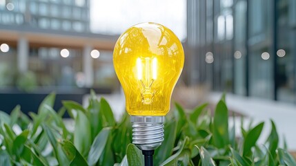Illuminated Yellow Bulb in City Greenspace