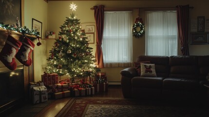 Cozy Christmas Evening at Home: A beautifully decorated Christmas tree illuminates a warm living room, filled with presents and holiday cheer.