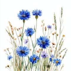 Watercolor Blue Cornflowers Wildflowers