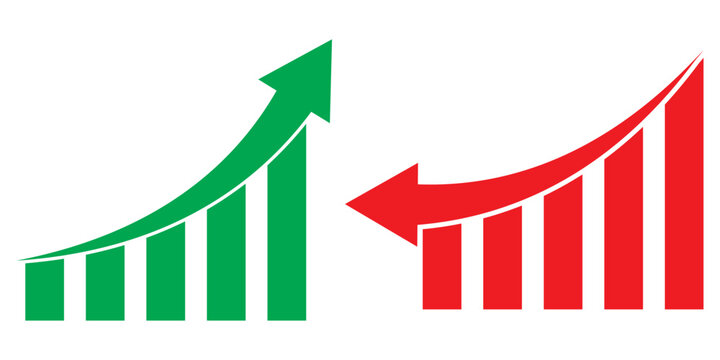 Up and down graph chart vector icon set. growth increase and decrease sign. economy rise and decline symbol. upward or downward trend bar chart icon. profit and loss statistics.