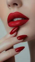 Naklejka premium Attractive Portrait of a Young Woman with Radiant Makeup and Bold Red Lipstick