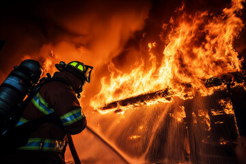 A firefighter putting out a fire in a burning building. A fireman with a water hose fighting flames and smoke