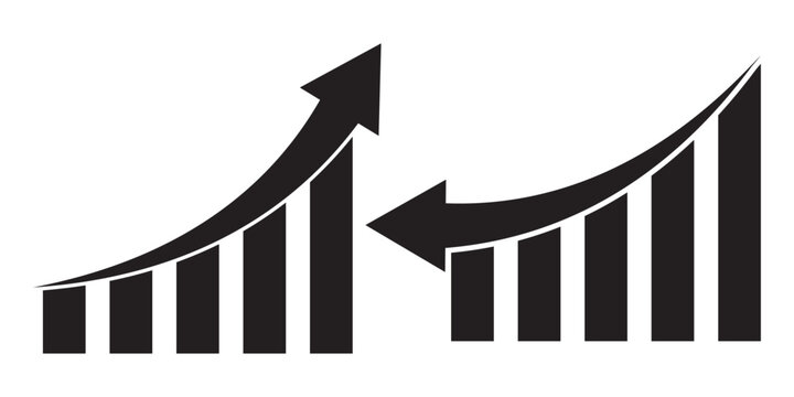 Up and down graph chart vector icon set. growth increase and decrease sign. economy rise and decline symbol. upward or downward trend bar chart icon. profit and loss statistics.