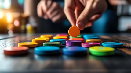 Naklejka premium Closeup of hands flipping Yutnori sticks in midair, with colorful game tokens on a wooden board in the background