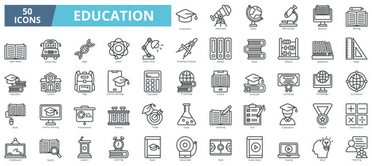 Education icon collection set. Containing graduation, telescope, earth, microscope, writing, book, school, e learning icon. Simple line vector