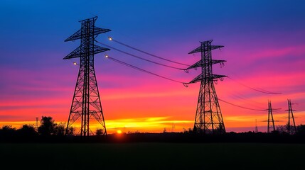 Electric Towers Silhouetted Against Vibrant Sunset Sky