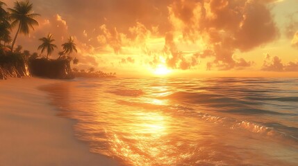 Idyllic sunset over tropical beach with palm trees, golden ocean waves, and vibrant sky.