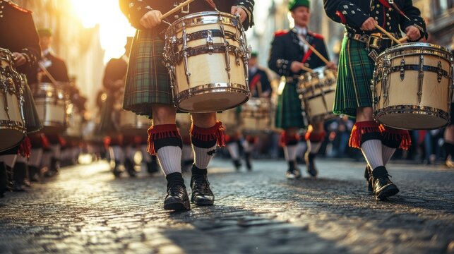 Energetic marching band in green uniforms. St. Patrick's Day parade confetti - Powered by Adobe