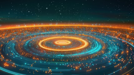 Obraz premium Abstract cosmic view of spinning rings of light with stars in the dark sky background