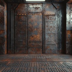 Rusty Metal Doors in a Futuristic Setting with Grid Floors and Overhead Light Panel on Ceiling