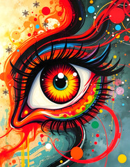 Obraz premium Colorful eye with abstract background. Psychedelic eye painting, Colorful eye painting, asian style, with white tones