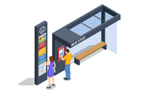 Isometric vector showing a high-tech bus stop with interactive ticket vending machines and a detailed route map. Two passengers are using the station.