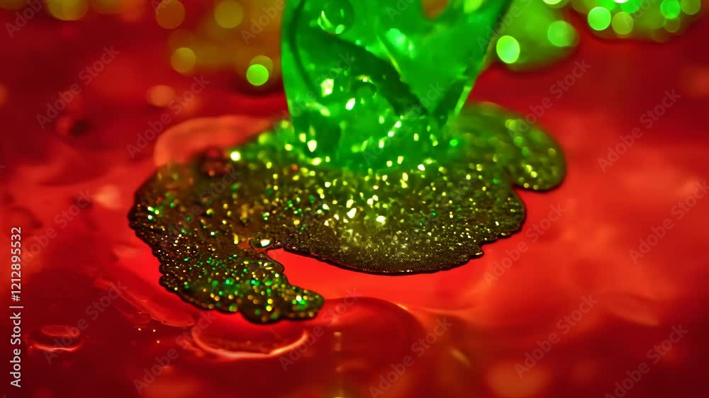 Poster Dynamic drops of green glitter in red oil or ink diffusing through water, creating an abstract aquatic swirls