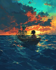 Fototapeta premium Skeleton and Girl Sail Sunset Ocean Boat Journey