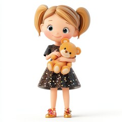 Adorable Girl in Dress Holding Teddy Bear