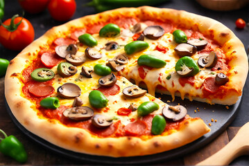 pizza with salami and tomatoes