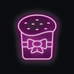 Bright purple neon sign depicting easter cake with ribbon on black background